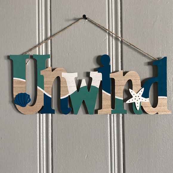 NWT Coastal Wooden UNWIND Decoration Sign w/ Shell 🐚 & Starfish - Picture 15 of 17
